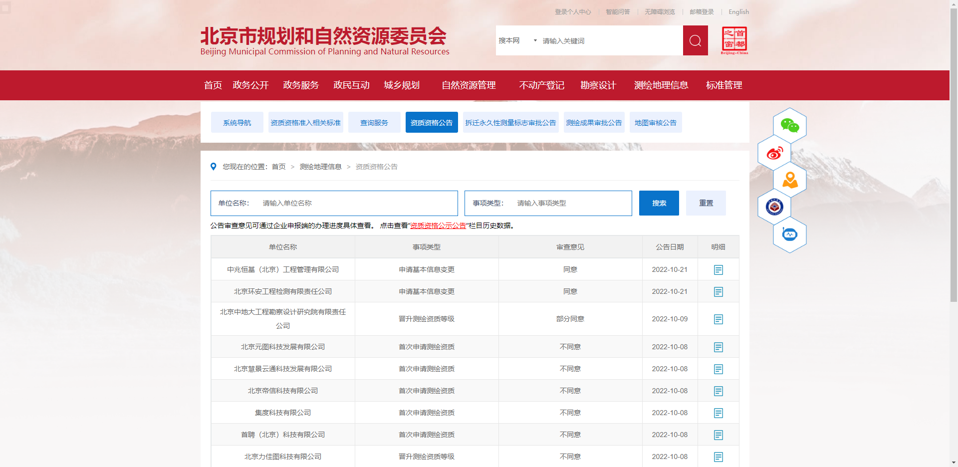 「北京市」2022年10月北京市申請(qǐng)測(cè)繪資質(zhì)資格單位情況